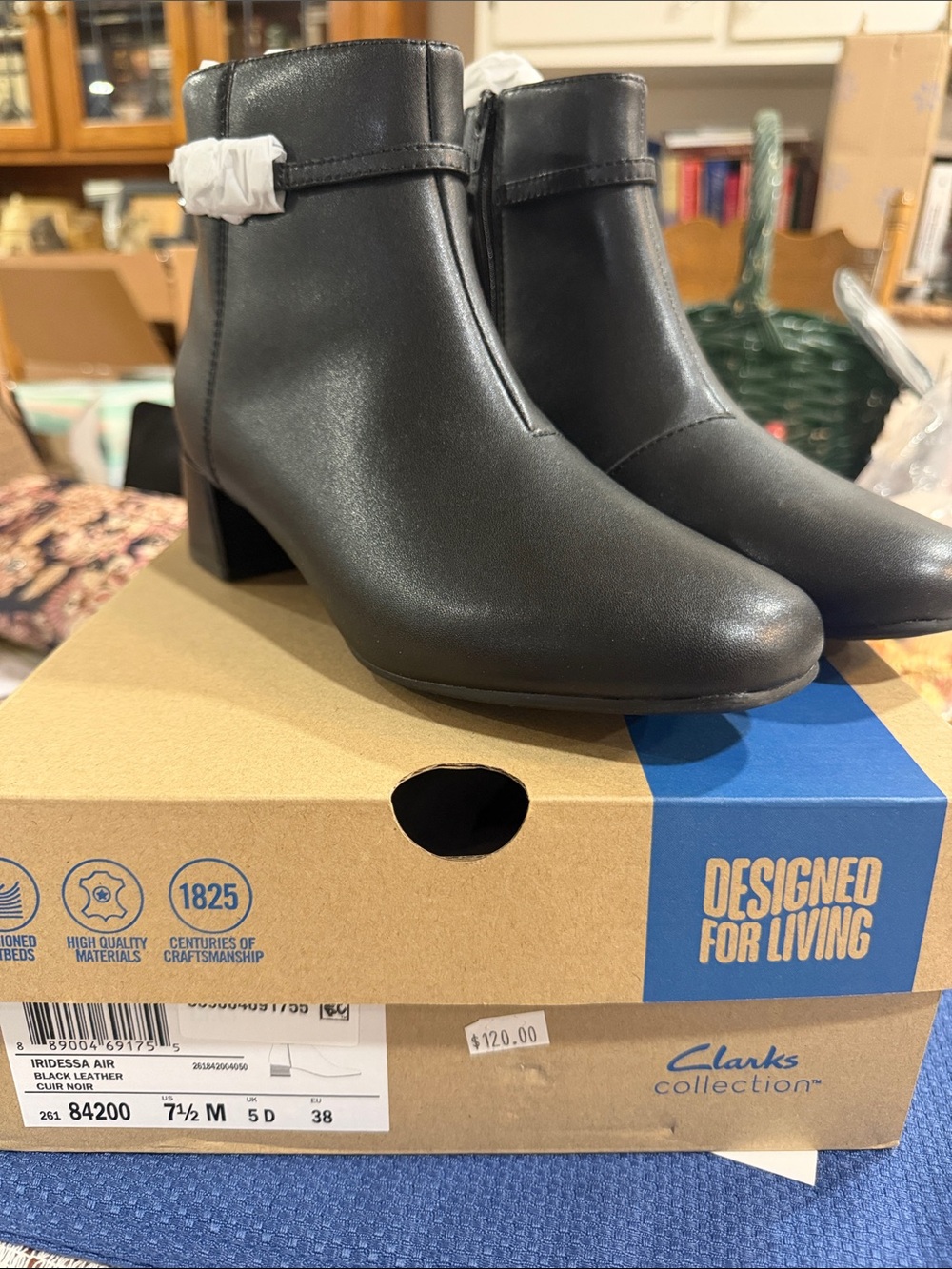 Clarks Black Leather Ankle Booties with Low Block Heel